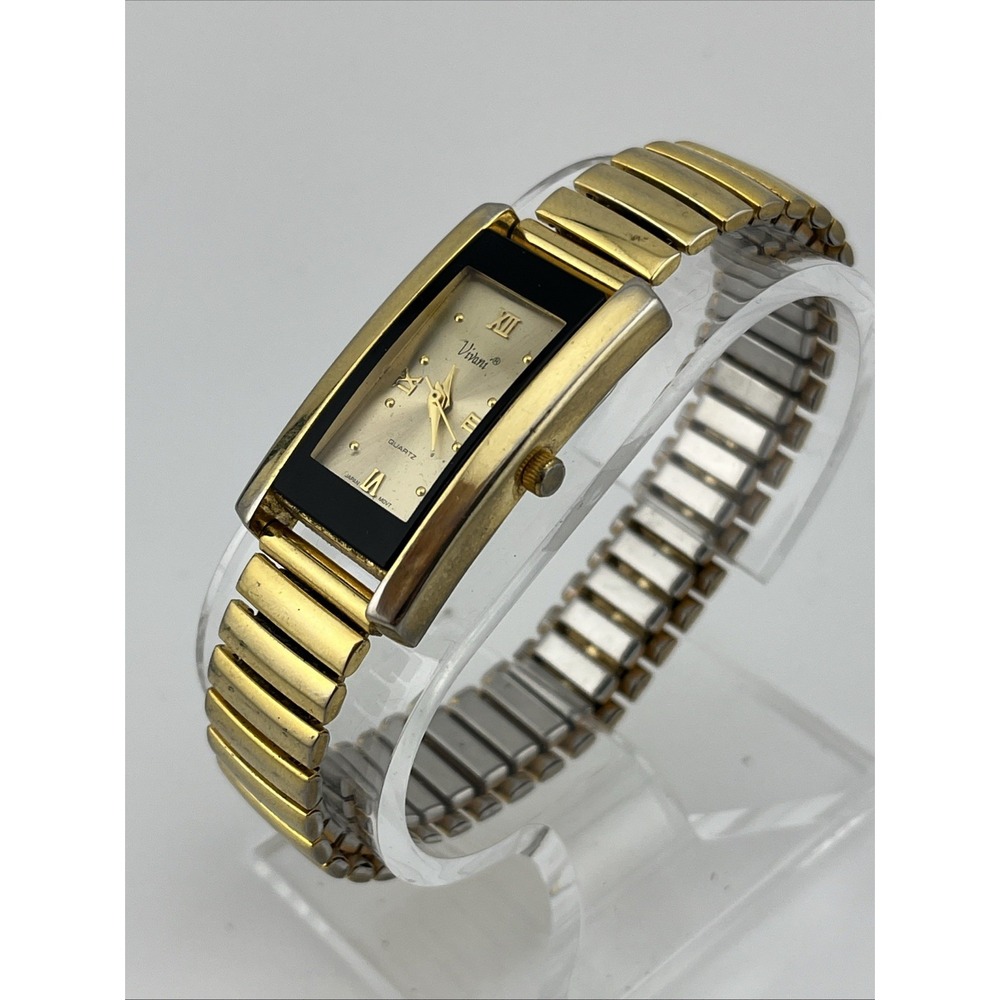 Vivani Tank Watch Women 21mm Case Gold Stretch Band- New Battery - Picture 3 of 8